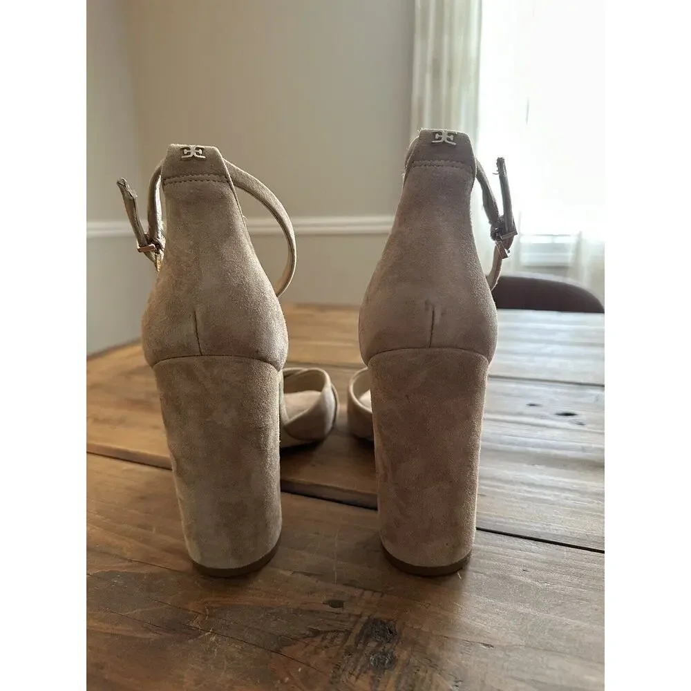 Sam Edelman Yancy Block Heels Ankle Straps Size 10 Suede Beige Wedding Business